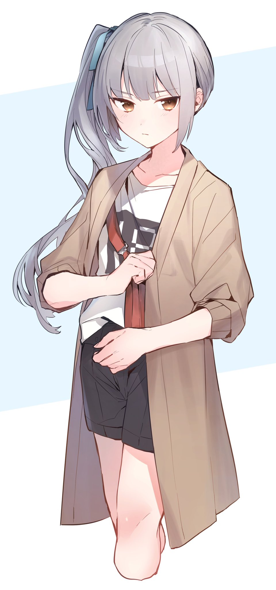 1girl alternate_costume bag black_shorts brown_coat brown_eyes casual coat cropped_legs decal grey_background grey_hair highres kantai_collection kasumi_(kantai_collection) looking_at_viewer ponko_(damachida) shirt shorts side_ponytail simple_background solo t-shirt white_shirt