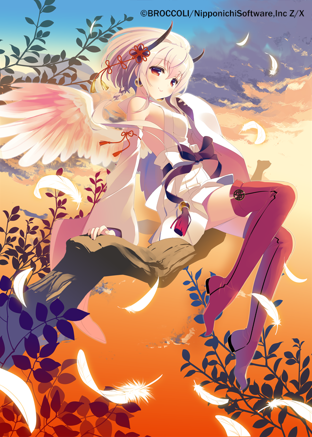 1girl bangs bare_shoulders blush boots bow breasts brown_bow brown_sky character_request closed_mouth clouds commentary_request detached_sleeves eyebrows_visible_through_hair feathered_wings gradient_sky hair_between_eyes high_ponytail horns in_tree japanese_clothes kimono long_sleeves official_art outdoors pleated_skirt ponytail red_eyes red_footwear red_legwear santa_matsuri sitting sitting_on_branch skirt sky sleeveless sleeveless_kimono sleeves_past_fingers sleeves_past_wrists small_breasts smile solo sunset thigh-highs thigh_boots tree tree_branch watermark white_bow white_feathers white_hair white_kimono white_skirt white_sleeves white_wings wide_sleeves wings z/x