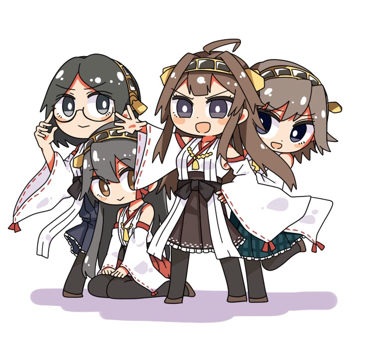 4girls :d ahoge aneko_(toshishitanoane) bare_shoulders black_hair blue_eyes blue_skirt boots brown_eyes brown_hair brown_skirt chibi detached_sleeves glasses green_skirt grey_hair hakama_skirt haruna_(kantai_collection) headgear hiei_(kantai_collection) kantai_collection kirishima_(kantai_collection) kongou_(kantai_collection) leg_up long_hair looking_at_viewer multiple_girls nontraditional_miko open_mouth plaid plaid_skirt red_skirt seiza short_hair simple_background sitting skirt smile thigh-highs thigh_boots v-shaped_eyebrows violet_eyes white_background wide_sleeves