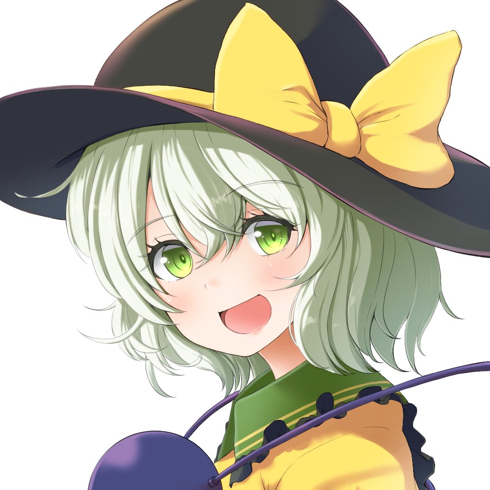 1girl :d black_headwear blush bow collared_shirt eyebrows_visible_through_hair frills from_side green_eyes green_hair hat komeiji_koishi looking_at_viewer looking_to_the_side open_mouth portrait raised_eyebrows shirt short_hair simple_background smile solo third_eye touhou uetaku wavy_hair white_background yellow_bow yellow_shirt