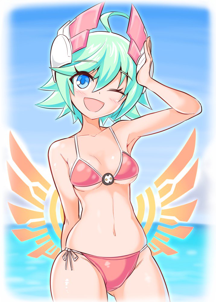 1girl ahoge azure_striker_gunvolt blue_eyes blue_sky breasts cougar1404 green_hair headgear looking_at_viewer ocean open_mouth roro_(gunvolt) short_hair sky smile solo swimsuit