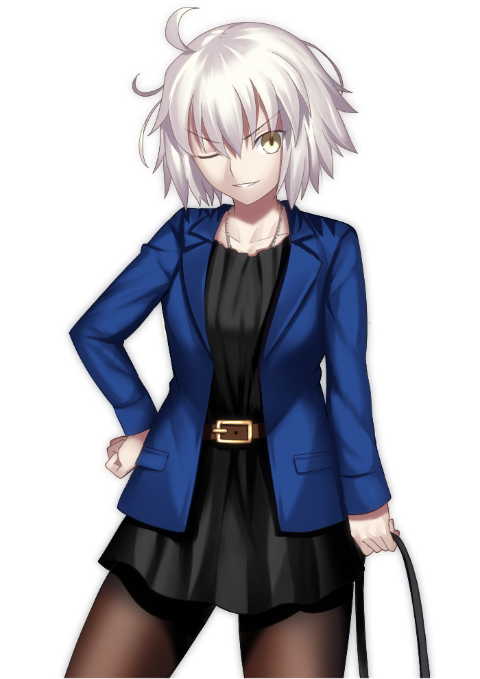 1girl ahoge belt belt_buckle black_dress black_legwear blue_jacket brown_belt buckle casual collarbone contrapposto cowboy_shot dress fate/grand_order fate_(series) grin hand_on_hip jacket jeanne_d'arc_(alter)_(fate) jeanne_d'arc_(fate)_(all) jewelry long_sleeves looking_at_viewer mishiro0229 necklace one_eye_closed open_clothes open_jacket pantyhose parted_lips shiny shiny_hair short_dress short_hair silver_hair simple_background smile solo standing v-shaped_eyebrows white_background yellow_eyes