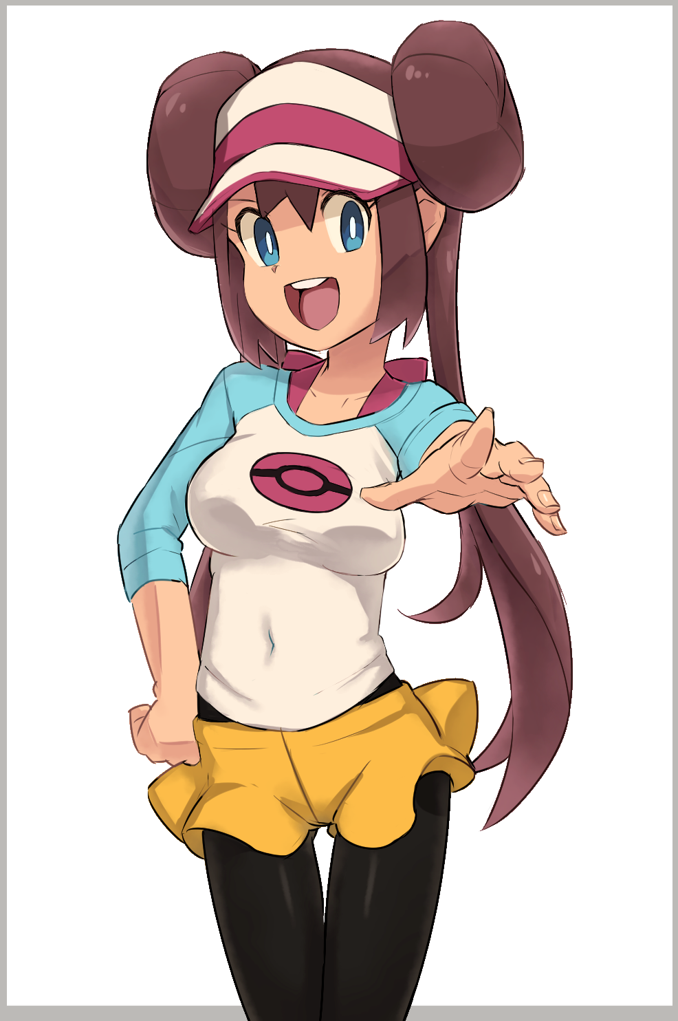 1girl :d bangs black_legwear blue_eyes blue_sleeves breasts brown_hair collarbone covered_navel cowboy_shot double_bun hair_between_eyes hand_on_hip highres long_hair looking_at_viewer medium_breasts mei_(pokemon) nyonn24 open_mouth pantyhose poke_ball_print pokemon pokemon_(game) pokemon_bw2 print_shirt shiny shiny_hair shirt short_shorts shorts simple_background smile solo standing thigh_gap very_long_hair visor_cap white_background white_shirt yellow_shorts