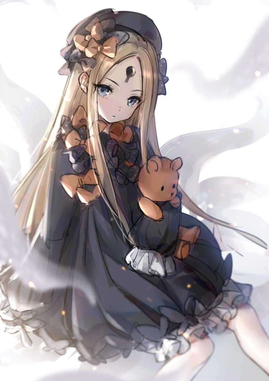 1girl abigail_williams_(fate/grand_order) bangs black_bow black_dress black_headwear blonde_hair bloomers blue_eyes bow bug butterfly cha_chazi closed_mouth commentary_request dress fate/grand_order fate_(series) hair_bow hat highres insect keyhole long_hair long_sleeves looking_at_viewer object_hug orange_bow parted_bangs polka_dot polka_dot_bow sitting sleeves_past_fingers sleeves_past_wrists solo stuffed_animal stuffed_toy teddy_bear tentacles underwear very_long_hair white_bloomers