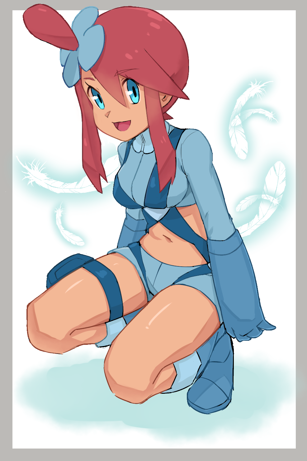 1girl :d bangs blue_eyes blue_footwear blue_gloves blue_shorts breasts crop_top eyebrows_visible_through_hair fuuro_(pokemon) gloves gym_leader hair_between_eyes highres medium_breasts midriff navel nyonn24 one_side_up open_mouth pokemon pokemon_(game) pokemon_bw redhead shiny shiny_hair short_hair_with_long_locks short_shorts shorts sidelocks smile solo squatting stomach white_background white_feathers