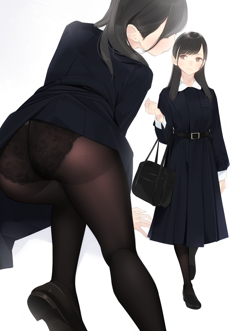 1girl all_fours ama_mitsuki ass back bag bangs belt black_hair black_legwear black_panties blush brown_eyes dress dress_lift loafers long_hair multiple_views original panties panties_under_pantyhose pantyhose school_bag school_uniform shoes underwear