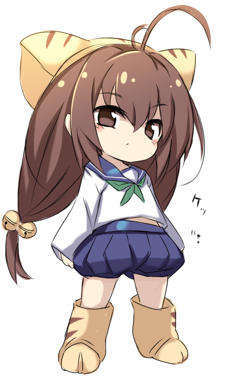 1girl animal_ears animal_hat antenna_hair bangs bell blue_sailor_collar blue_shorts blush brown_eyes brown_footwear brown_hair brown_headwear cat_ears cat_hat chibi closed_mouth di_gi_charat eyebrows_visible_through_hair full_body green_neckwear hair_bell hair_between_eyes hair_ornament hat jingle_bell karukan_(monjya) long_sleeves looking_at_viewer neckerchief paw_boots pleated_shorts puchiko sailor_collar shirt short_shorts shorts simple_background sleeves_past_wrists solo standing white_background white_shirt