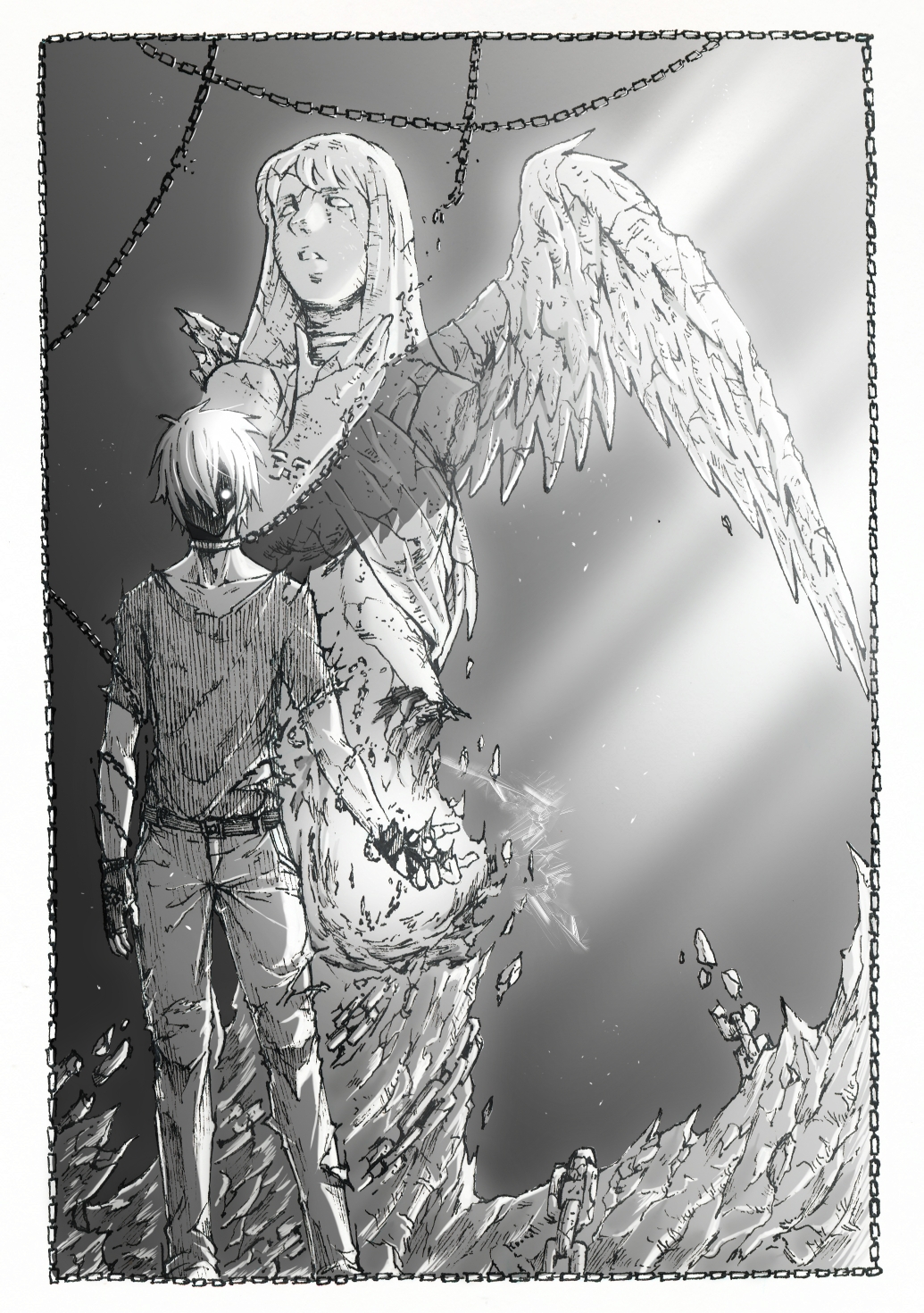 1boy angel border broken chain choker collarbone crack energy fingerless_gloves floating_hair gloves glowing glowing_eyes greyscale hair_over_one_eye hatching_(texture) highres light_particles light_rays male_focus monochrome original shaded_face shadow shirt shobu_minaka solo standing statue torn_clothes torn_legwear torn_shirt wings