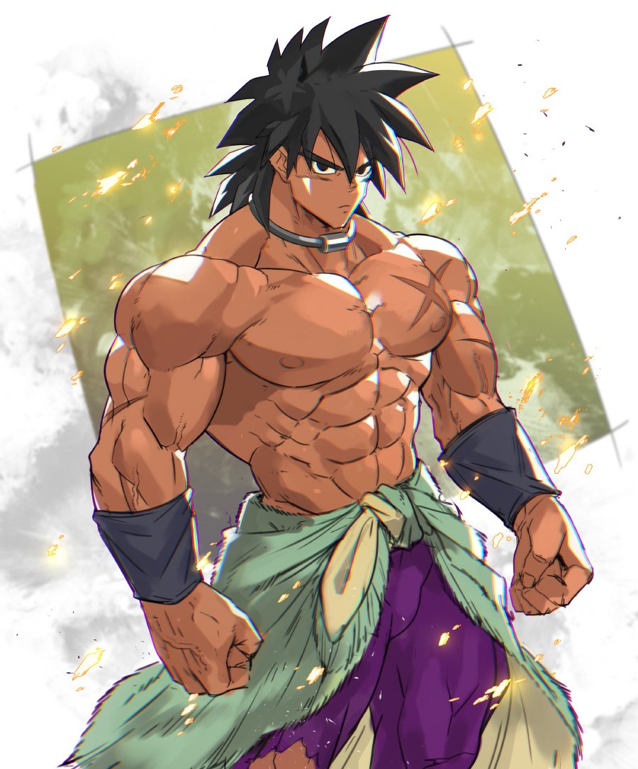 1boy abs bara black_eyes black_hair broly broly_(dragon_ball_super) chest dragon_ball dragon_ball_super_broly looking_at_viewer male_focus muscle nikism nipples pectorals scar shirtless solo spiky_hair thighs upper_body wristband