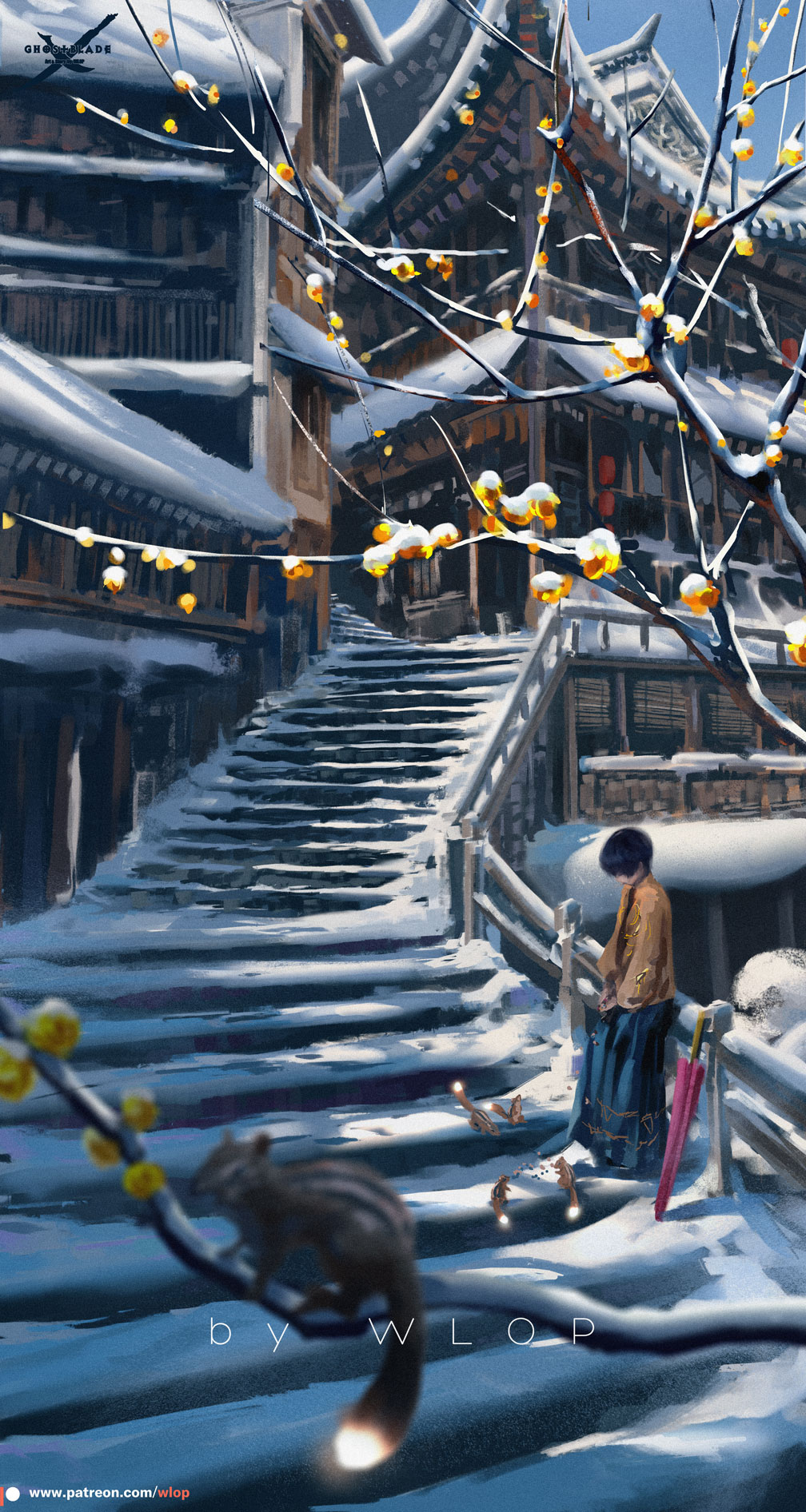 1girl architecture artist_name black_hair blurry_foreground building chipmunk day east_asian_architecture ghostblade highres jade_(ghostblade) leaning_on_rail oriental_umbrella outdoors patreon_username scenery short_hair snow solo squirrel stairs tree umbrella watermark web_address wlop