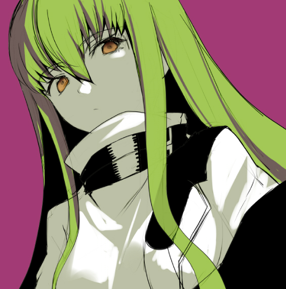 1girl c.c. closed_mouth code_geass dutch_angle green_hair hair_between_eyes long_hair looking_at_viewer orange_eyes portrait purple_background robe shirabi simple_background solo