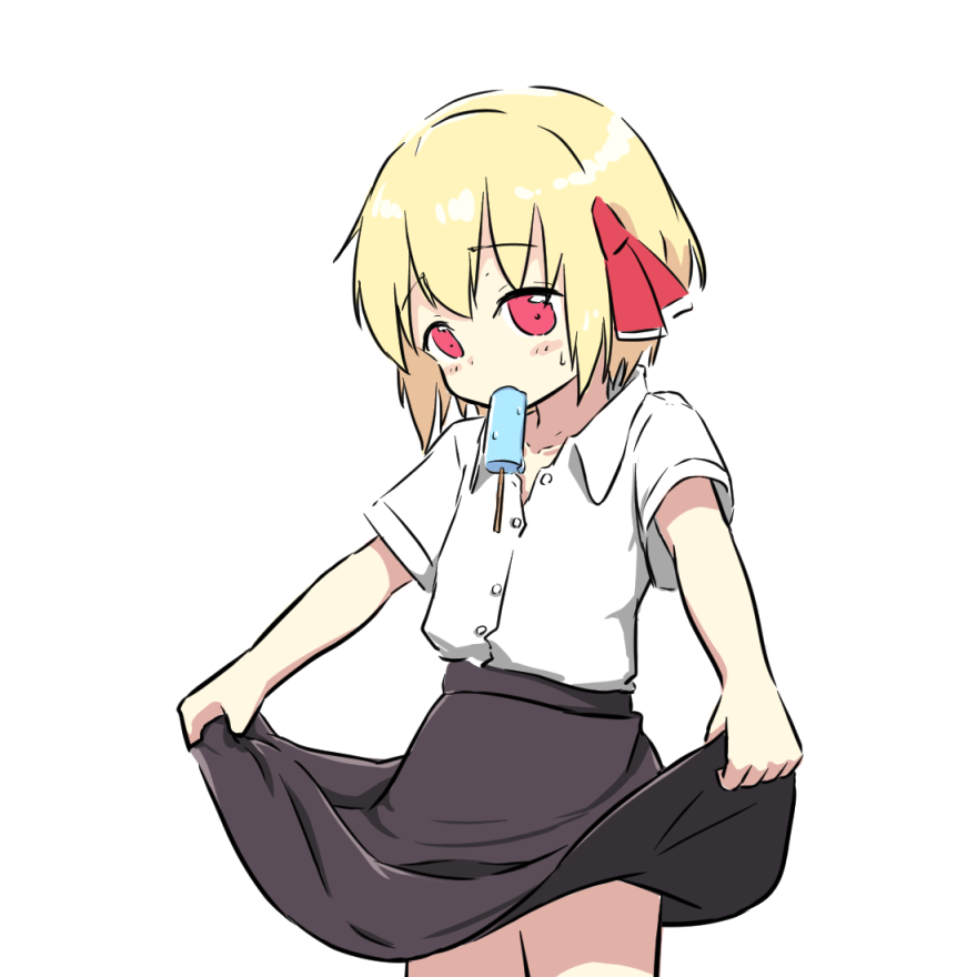 1girl bangs black_skirt blonde_hair collared_shirt cowboy_shot eyebrows_visible_through_hair food hair_ribbon hino_(yuruyurukoubou) looking_down mouth_hold popsicle red_eyes red_ribbon ribbon rumia shirt short_hair short_sleeves simple_background skirt skirt_hold solo sweat touhou white_background white_shirt