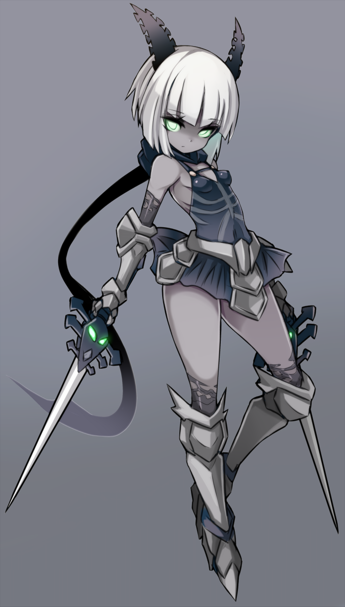 1girl armored_boots bangs bare_shoulders black_dress black_ribbon boots breasts closed_mouth copyright_request dress dual_wielding eyebrows_visible_through_hair full_body gauntlets glowing glowing_eyes green_eyes grey_background grey_skin hair_ribbon highres holding holding_sword holding_weapon karukan_(monjya) knee_boots ribbon short_hair simple_background sleeveless sleeveless_dress small_breasts solo sword weapon white_hair