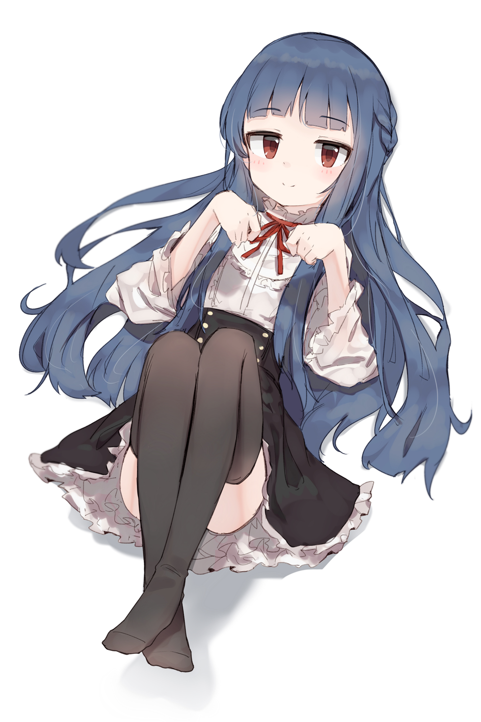 1girl bangs black_legwear black_skirt blue_hair blunt_bangs braid brown_eyes eyebrows_visible_through_hair french_braid frilled_shirt_collar frilled_skirt frilled_sleeves frills full_body highres idolmaster idolmaster_cinderella_girls long_hair looking_at_viewer no_shoes paw_pose sajou_yukimi shone simple_background skirt smile solo thigh-highs very_long_hair white_background white_skirt wide_sleeves