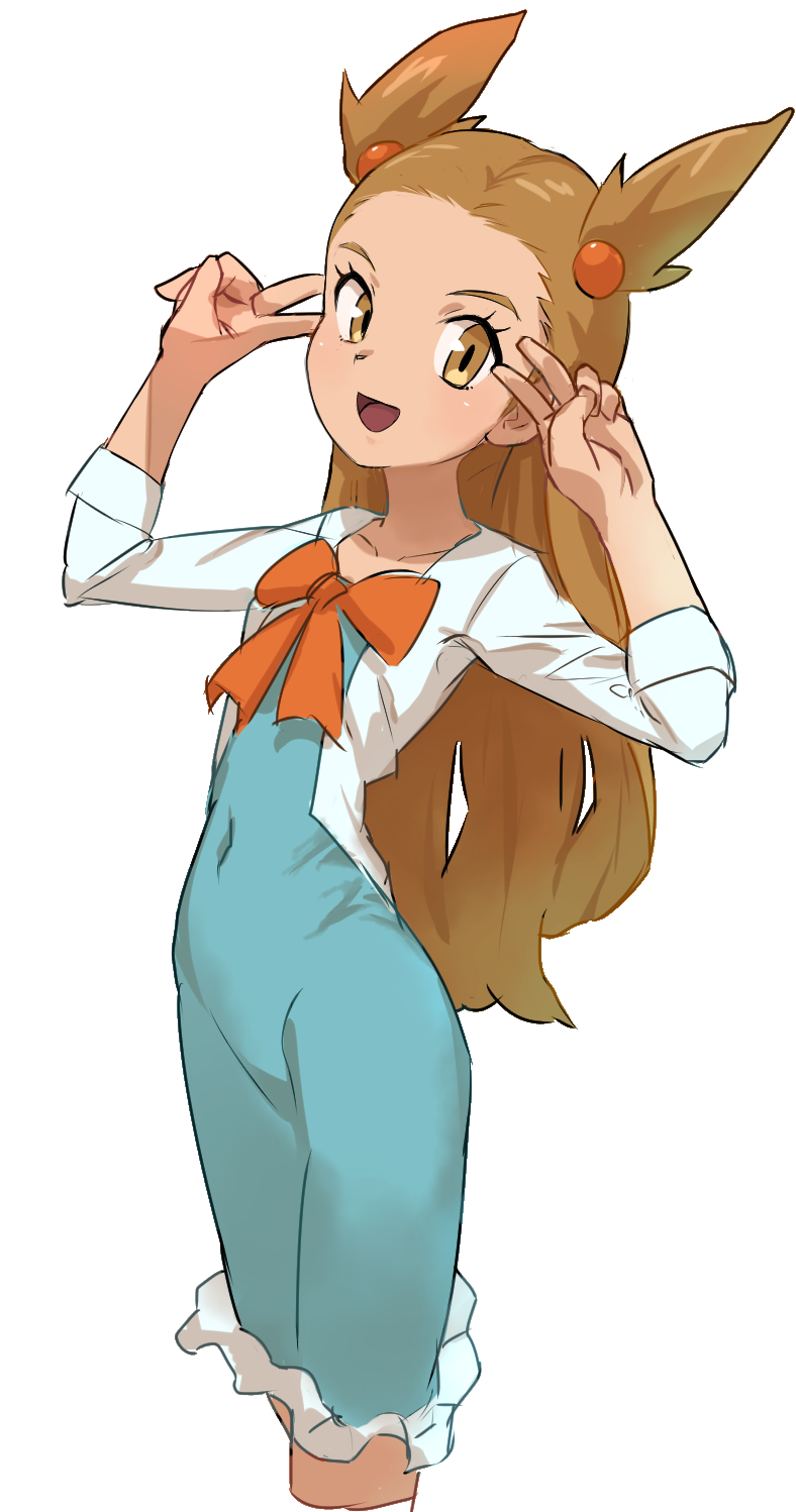 1girl :d blue_dress brown_eyes brown_hair collarbone covered_navel cropped_legs dress hair_ornament highres long_hair looking_at_viewer mikan_(pokemon) nyonn24 open_mouth orange_neckwear pokemon pokemon_(game) pokemon_gsc simple_background smile solo standing two_side_up very_long_hair white_background