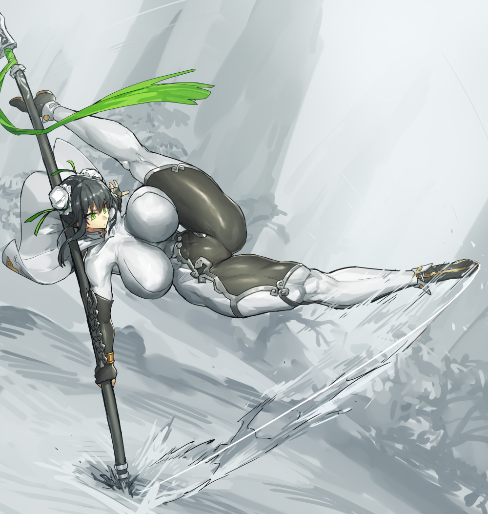 1girl black_hair bodysuit breasts bun_cover cape covered_navel double_bun elbow_gloves fate/grand_order fate_(series) fingerless_gloves flexible gloves green_eyes green_ribbon holding holding_spear holding_weapon huge_breasts impossible_bodysuit impossible_clothes kicking melon22 motion_lines planted_spear polearm qin_liangyu_(fate) ribbon short_hair sidelocks skin_tight solo spear thick_thighs thighs unaligned_breasts weapon white_bodysuit white_cape