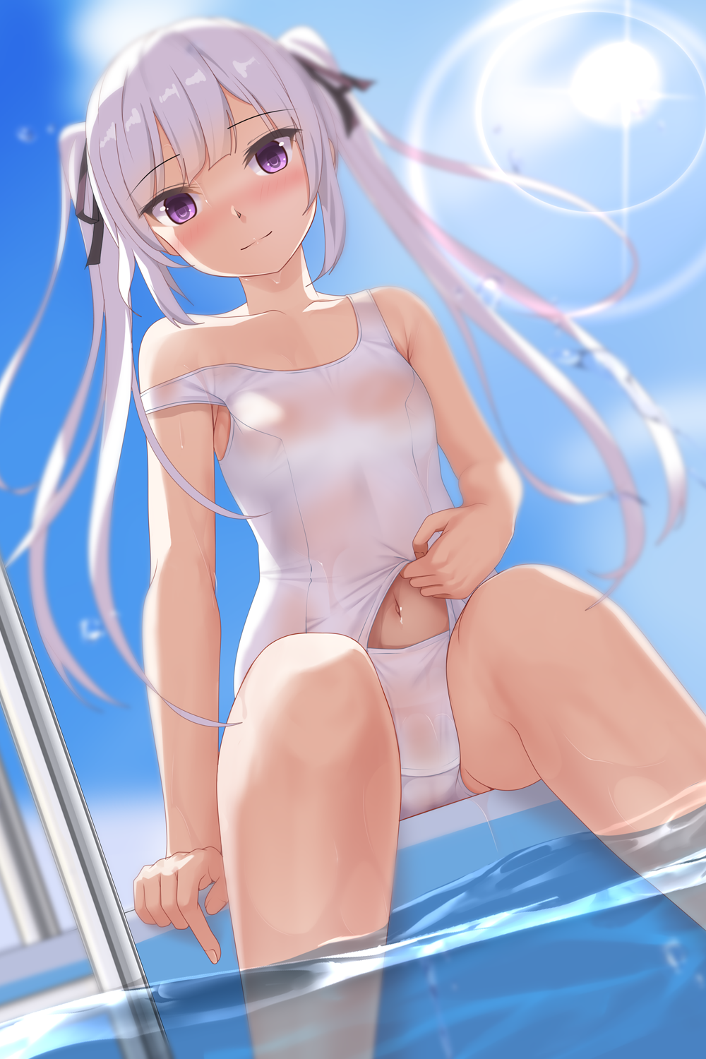 1girl bangs bare_shoulders blue_sky blush breasts eto highres long_hair navel one-piece_swimsuit original pool poolside silver_hair sitting sky small_breasts smile soaking_feet solo swimsuit twintails violet_eyes white_swimsuit