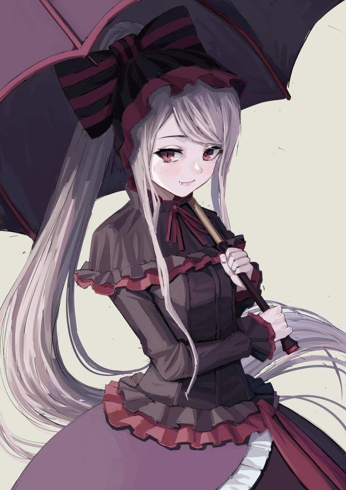 1girl atsuyah0310 breasts closed_mouth commentary_request cowboy_shot dress fang fang_out frilled_dress frills gothic_lolita grey_background holding holding_umbrella lolita_fashion long_hair long_sleeves looking_at_viewer overlord_(maruyama) ponytail red_eyes revision shalltear_bloodfallen silver_hair simple_background smile solo umbrella vampire very_long_hair