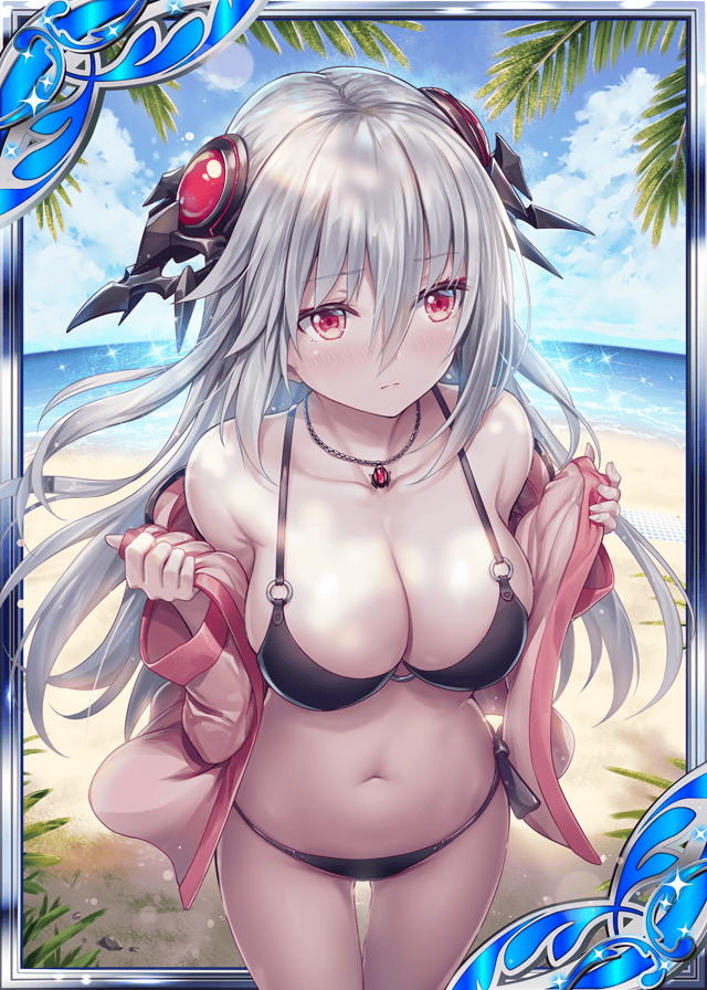 1girl bare_shoulders beach bikini black_bikini breasts calamity_(shinkai_no_valkyrie) card_(medium) hair_ornament holding holding_clothes holding_jacket jacket jewelry large_breasts long_hair looking_to_the_side necklace ocean official_art palm_tree pink_jacket red_eyes ruby_(gemstone) shinkai_no_valkyrie shy side-tie_bikini silver_hair swimsuit tree