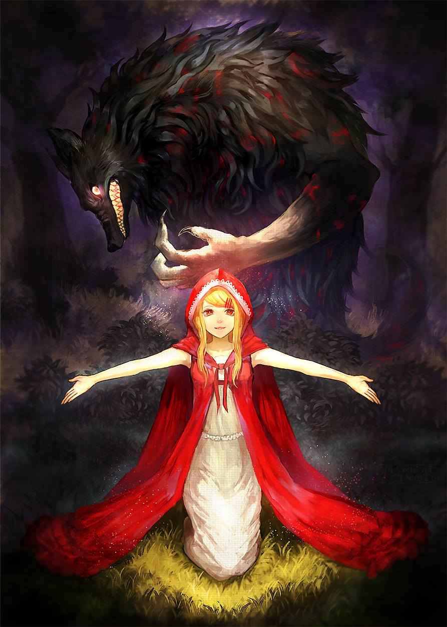 1girl big_bad_wolf_(grimm) blonde_hair claws closed_mouth collarbone forest glowing glowing_eyes grass hair_ornament hairclip highres hood hood_up kneeling light_rays little_red_riding_hood little_red_riding_hood_(grimm) looking_at_another monster nature original outdoors outstretched_arms red_eyes red_lips smile spread_arms waterstaring wolf