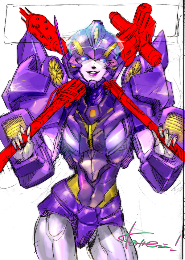 1girl artist_request autobot blue_eyes dual_wielding holding looking_down nautica over_shoulder purple_lips signature sketch solo third-party_source transformers