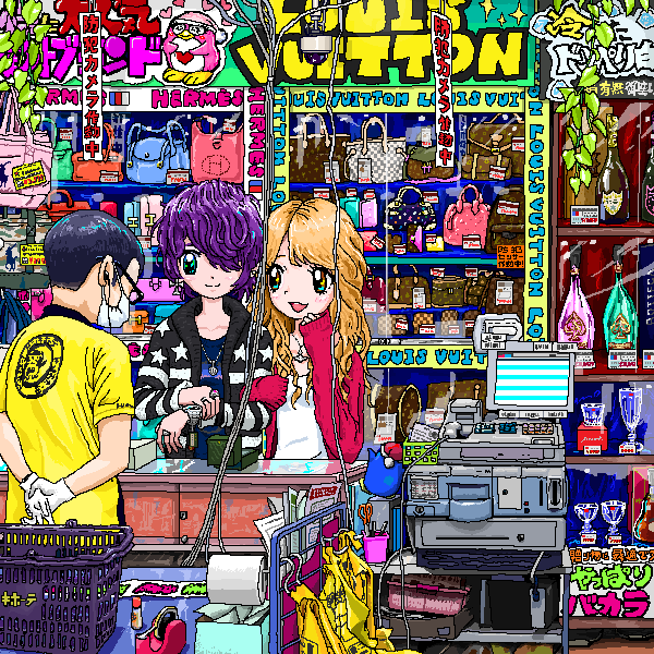 1boy 2girls ace_akira bag bird blonde_hair cash_register closed_mouth commentary_request earrings employee_uniform gloves handbag jewelry leaf long_hair long_sleeves mask mouth_mask multiple_girls necklace open_mouth original penguin purple_hair scenery shirt shop short_hair sleeves_past_wrists smile uniform watch watch white_gloves yellow_shirt