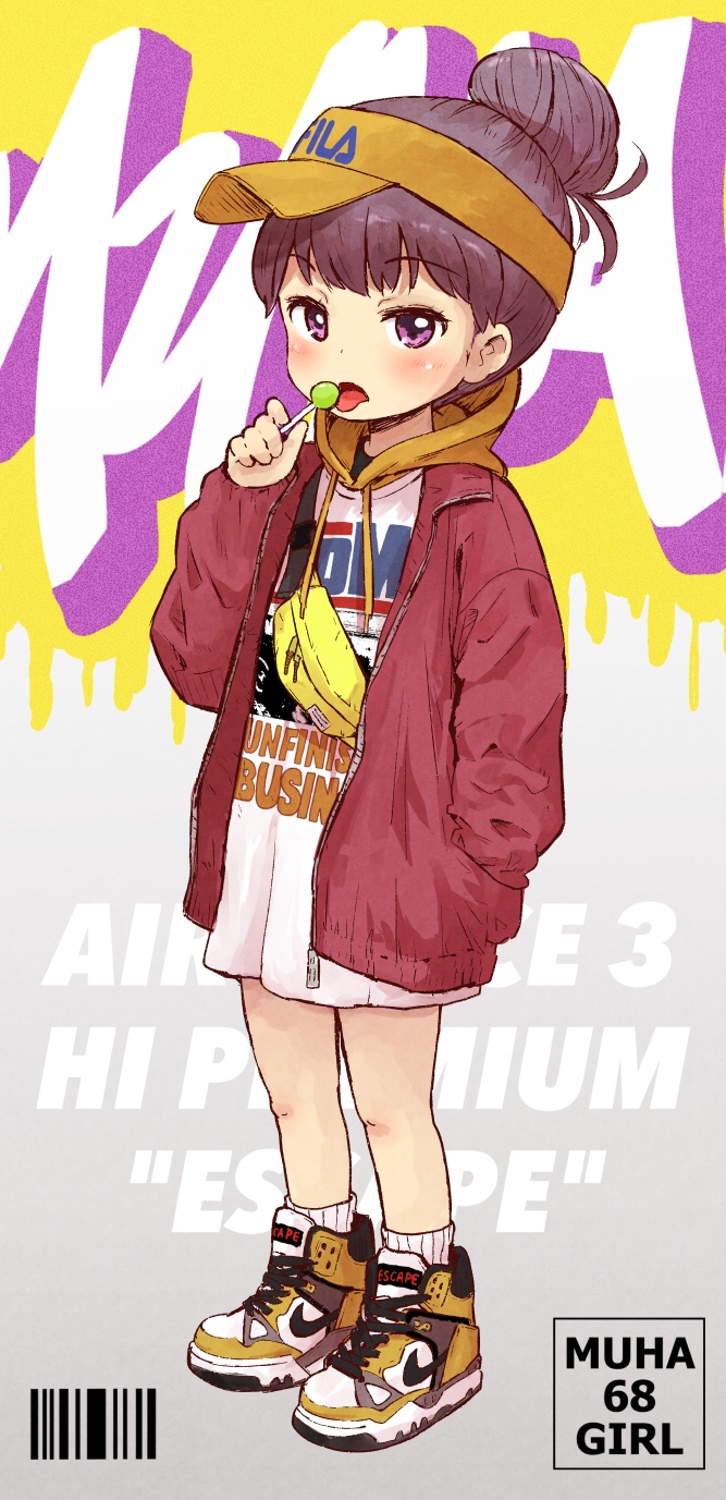 1girl :p black_hair blush candy child cover eyebrows_visible_through_hair food graffiti haaam hair_bun hand_in_pocket highres holding holding_candy holding_food holding_lollipop hood hoodie jacket licking lollipop magazine_cover original shoes sneakers solo tongue tongue_out violet_eyes visor_cap