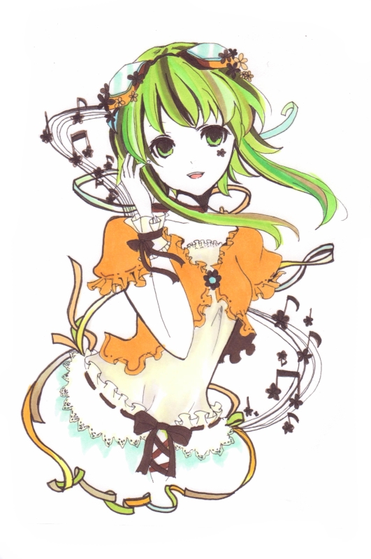 1girl :d bangs black_ribbon collarbone floating_hair goggles goggles_on_head green_eyes green_hair gumi long_hair looking_at_viewer marker_(medium) open_mouth ribbon shiny shiny_hair short_sleeves sidelocks simple_background smile solo traditional_media uro_(m369) vocaloid white_background wrist_cuffs yellow_ribbon