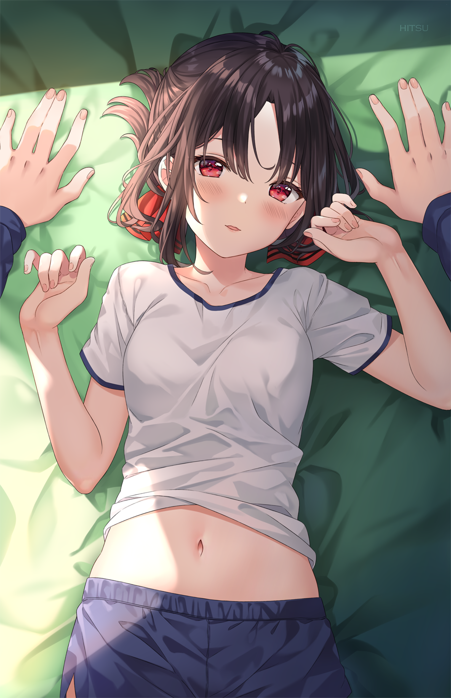 1boy 1girl bangs black_hair blue_shorts blush breasts collarbone commentary english_commentary gym_shirt gym_shorts gym_uniform hair_between_eyes hair_ribbon hands_up highres hitsukuya kaguya-sama_wa_kokurasetai_~tensai-tachi_no_renai_zunousen~ long_sleeves looking_at_viewer lying navel on_back out_of_frame parted_bangs parted_lips pov red_eyes red_ribbon ribbon shinomiya_kaguya shirogane_miyuki shirt short_sleeves shorts signature small_breasts solo_focus white_shirt