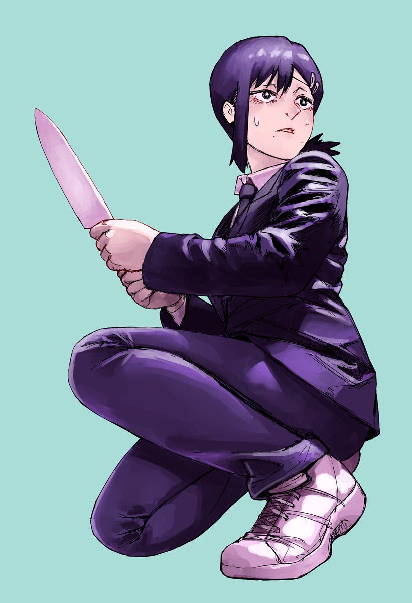 1girl black_eyes black_hair black_neckwear blue_pants business_suit chainsaw_man collared_shirt formal green_background hair_between_eyes hair_ornament higashiyama_kobeni highres holding holding_knife holding_weapon kneeling knife looking_to_the_side medium_hair mole mole_under_mouth multiple_moles necktie one_knee pants ponytail shirt shoes sneakers solo suit sweat weapon white_footwear