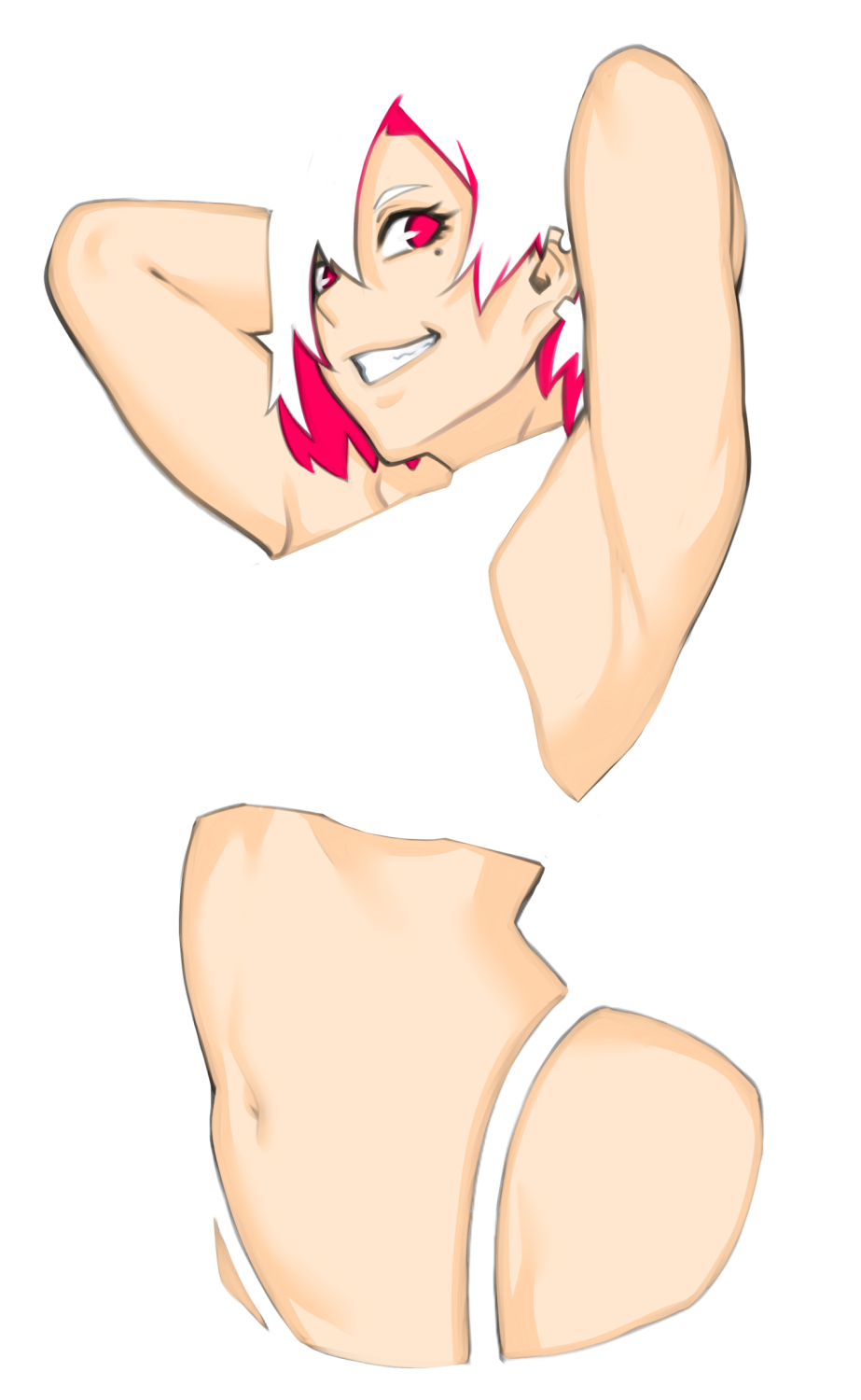 1girl arms_up bikini dyun highres mole mole_under_eye multicolored multicolored_hair navel original pink_eyes pink_hair short_hair simple_background smile solo swimsuit teeth white_background white_hair