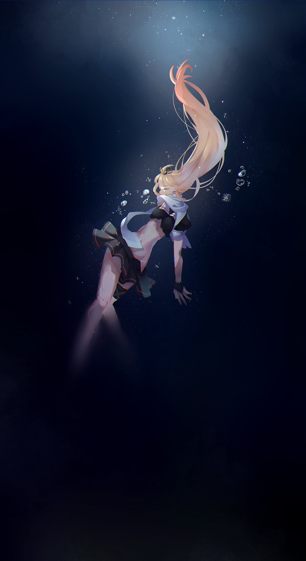 1girl black_serafuku black_skirt blonde_hair closed_eyes from_side gradient_hair highres kantai_collection kozu_(bloomme1_me) long_hair multicolored_hair navel pleated_skirt remodel_(kantai_collection) scarf school_uniform serafuku sinking skirt solo torn_clothes underwater white_scarf yuudachi_(kantai_collection)