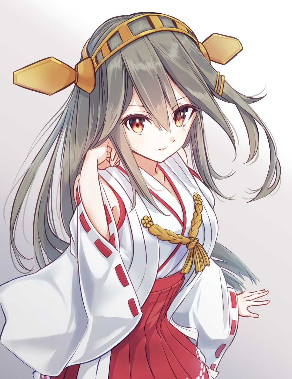 1girl bare_shoulders brown_eyes detached_sleeves grey_hair hair_ornament hairclip haruna_(kantai_collection) headgear highres kantai_collection komatsu_(komatsuu123) long_hair looking_at_viewer nontraditional_miko pleated_skirt red_skirt simple_background skirt solo white_background wide_sleeves