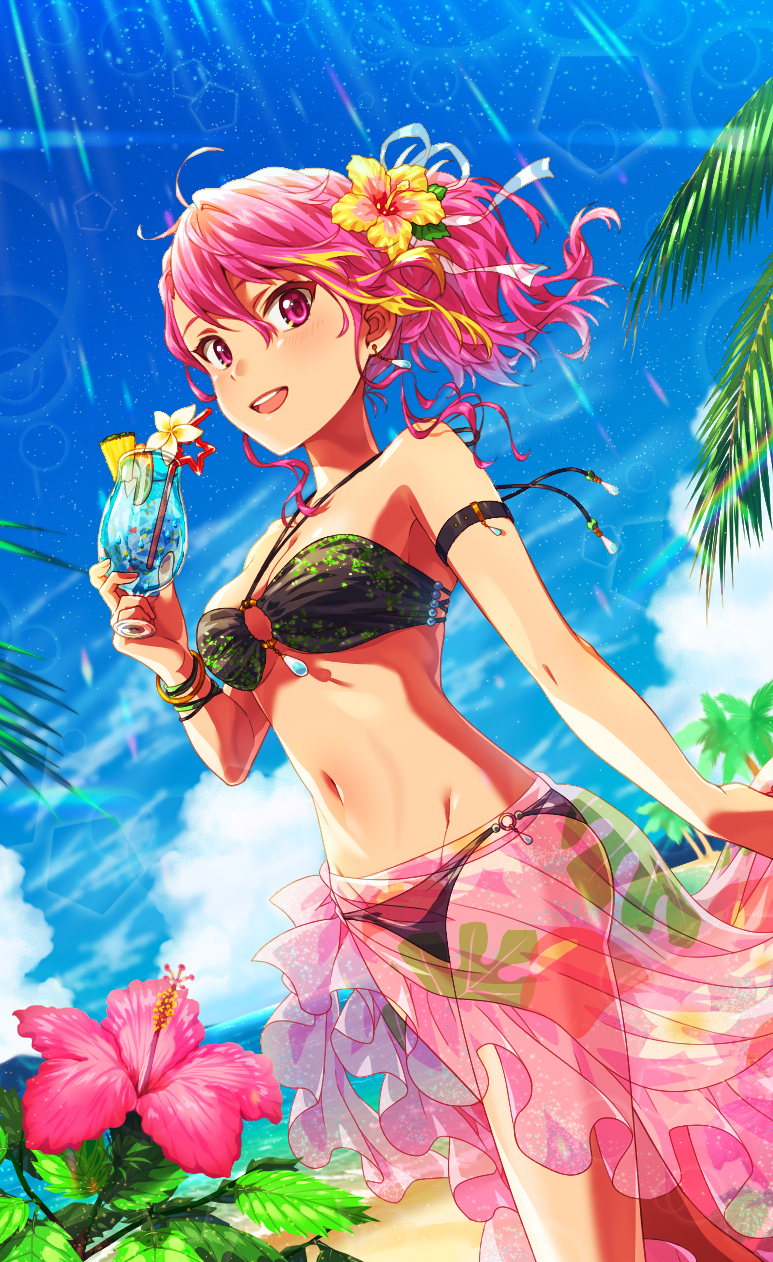 1girl armlet bangs beach bikini black_bikini blonde_hair blue_sky blurry blurry_background bracelet breasts commentary_request cup day depth_of_field drinking_straw dutch_angle earrings eyebrows_visible_through_hair flower groin hair_flower hair_ornament hair_ribbon hibiscus highres holding holding_cup horizon idolmaster idolmaster_million_live! jewelry lens_flare light_rays looking_at_viewer maihama_ayumu medium_breasts medium_hair multicolored_hair navel o-ring open_mouth outdoors palm_tree partial_commentary pineapple_slice pink_eyes pink_flower pink_hair ponytail red_flower ribbon sarong see-through shiro_(ongrokm) sky smile solo standing star_(sky) starry_sky swimsuit tan tree white_ribbon wind yellow_flower