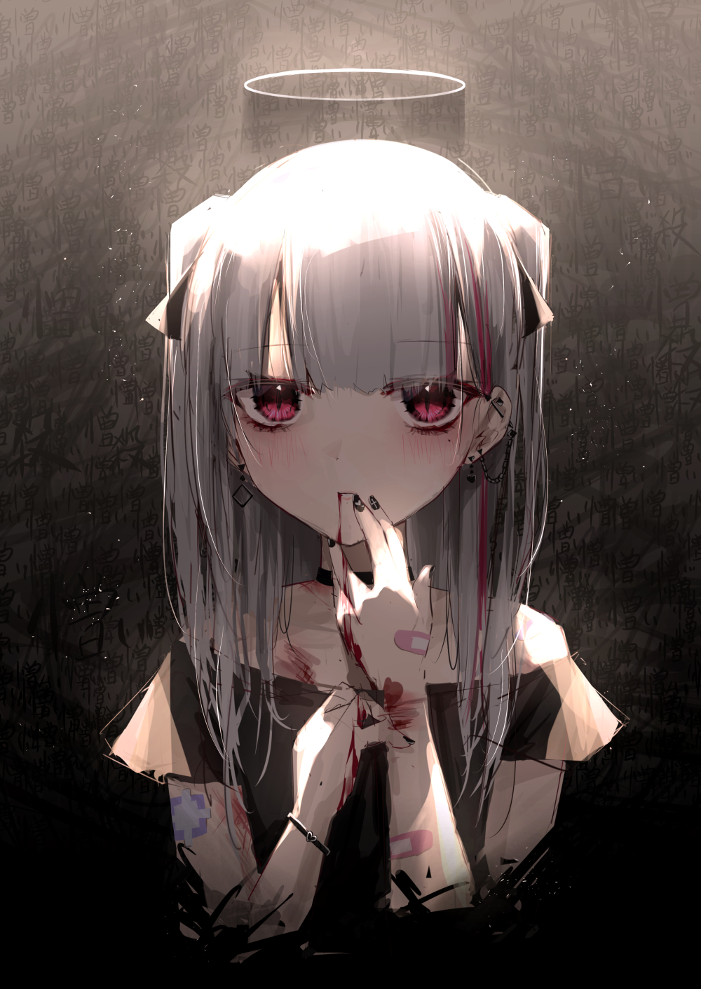 1girl bandaid bandaid_on_arm bandaid_on_hand bangs bare_shoulders black_choker black_dress black_nails black_ribbon blood blood_from_mouth bloody_hands choker commentary_request dress eyebrows_visible_through_hair grey_hair hair_ribbon halo hands_up highres kanju looking_at_viewer multicolored_hair nail_polish off-shoulder_dress off_shoulder original parted_lips red_eyes redhead ribbon streaked_hair twintails upper_body