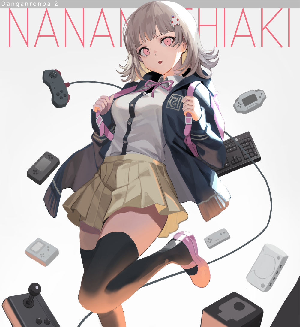 1girl backpack bag black_jacket black_legwear breasts cable character_name collared_shirt controller dangan_ronpa game_console game_controller jacket keyboard_(computer) leg_up long_sleeves looking_at_viewer mary_janes miniskirt nanami_chiaki neck_ribbon open_clothes open_jacket parted_lips pink_footwear pleated_skirt ribbon shirt shirt_tucked_in shoes short_hair skirt sl86 small_breasts solo super_dangan_ronpa_2 thigh-highs white_background white_shirt yellow_skirt zettai_ryouiki