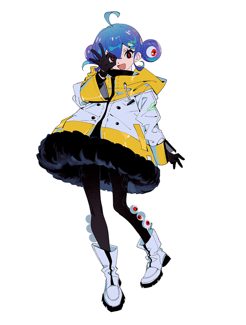 1girl ahoge black_gloves black_legion blue_hair dot_nose extra_ears extra_eyes fur-trimmed_jacket fur_trim gloves hair_between_eyes jacket multicolored multicolored_clothes multicolored_jacket open_mouth original red_eyes short_hair simple_background smile solo thigh-highs tongue ttk211 white_background white_footwear white_jacket yellow_jacket zipper_pull_tab