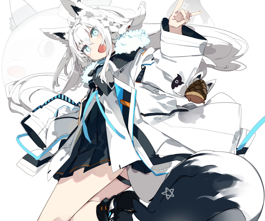 1girl ahoge animal_ear_fluff animal_ears aqua_eyes bangs blush braid breasts eyebrows_visible_through_hair fox_ears fox_girl fox_tail hair_between_eyes hololive karei long_hair looking_at_viewer open_mouth pentagram ponytail shirakami_fubuki side_braid smile solo tail virtual_youtuber white_hair