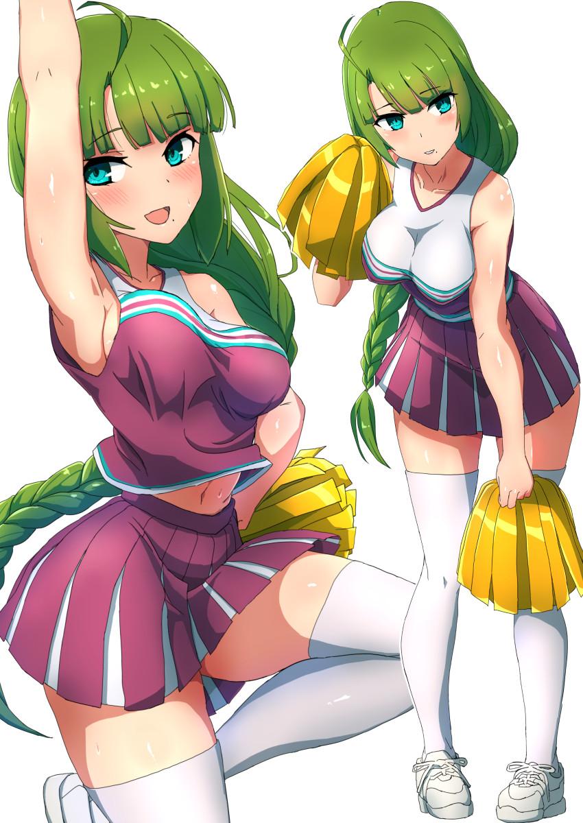 1girl ahoge alternate_costume arm_up bangs blue_eyes blunt_bangs blush braid breasts cheerleader comala_(komma_la) eyebrows_visible_through_hair green_hair highres kantai_collection large_breasts leg_up long_hair midriff mole mole_under_mouth multiple_views navel open_mouth pink_skirt pleated_skirt pom_poms shoes simple_background single_braid skirt sleeveless sneakers standing thigh-highs white_background white_footwear white_legwear yuugumo_(kantai_collection)