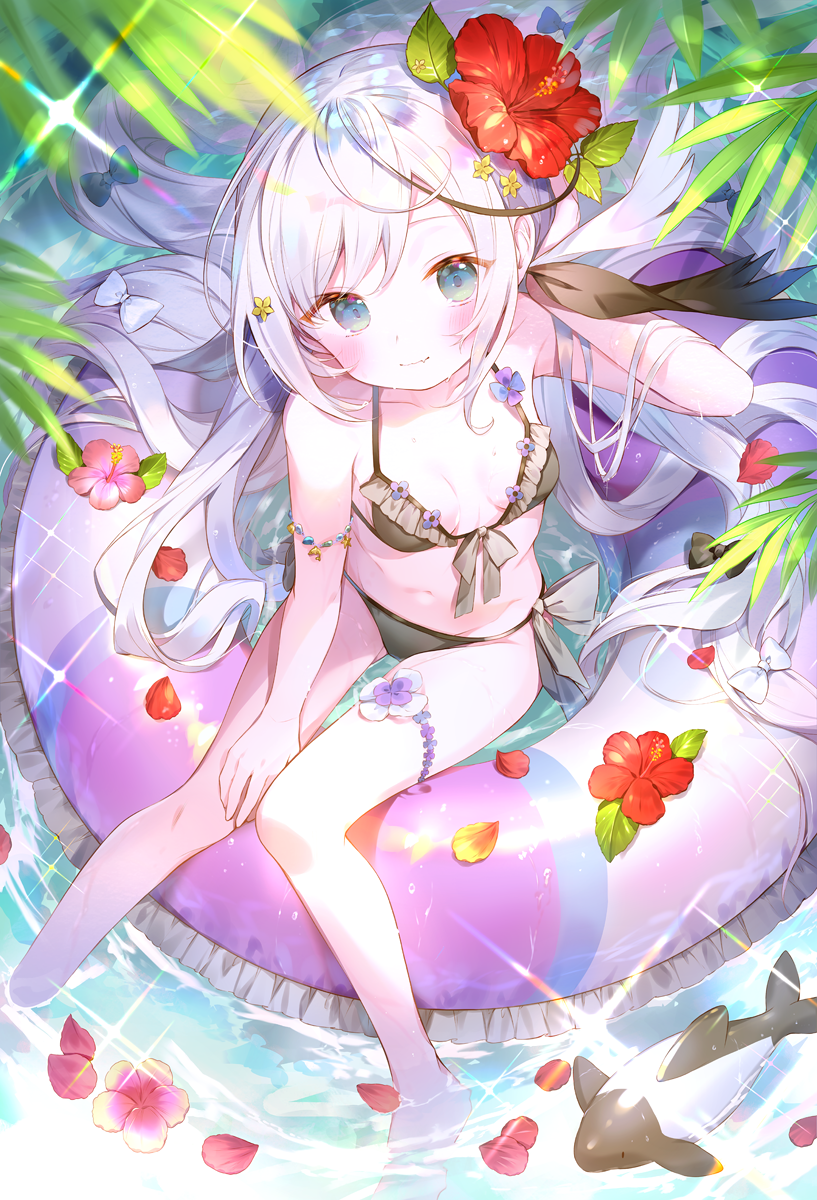 1girl bangs bare_legs bare_shoulders barefoot bikini black_bikini blue_eyes blush collarbone eyebrows eyebrows_visible_through_hair flower hair_flower hair_ornament highres ibara_riato innertube long_hair looking_at_viewer navel official_art smile swimsuit thigh_strap white_hair