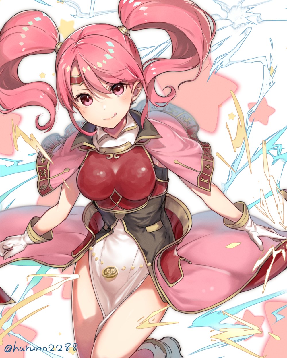 1girl :q breastplate closed_mouth fire_emblem fire_emblem_echoes:_shadows_of_valentia gloves haru_(nakajou-28) highres mae_(fire_emblem) pink_eyes pink_hair solo tongue tongue_out twintails twitter_username white_gloves