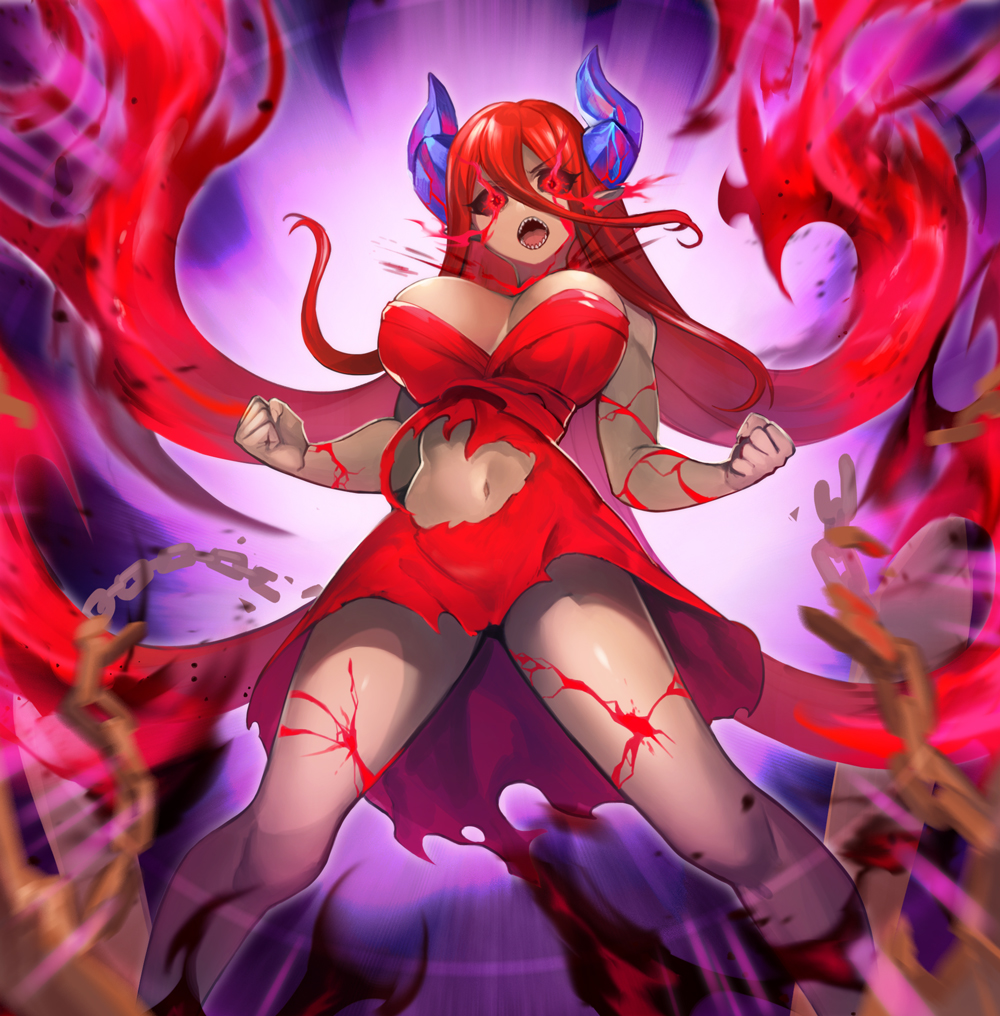 1girl baniran_dorosu black_sclera breasts broken broken_chain chain clenched_hands commentary_request dark_skin fantasy fingernails glowing glowing_eyes hair_between_eyes horns large_breasts long_hair looking_at_viewer open_mouth original pointy_ears red_eyes redhead sharp_fingernails sharp_teeth solo teeth torn_clothes very_long_hair wind wind_lift