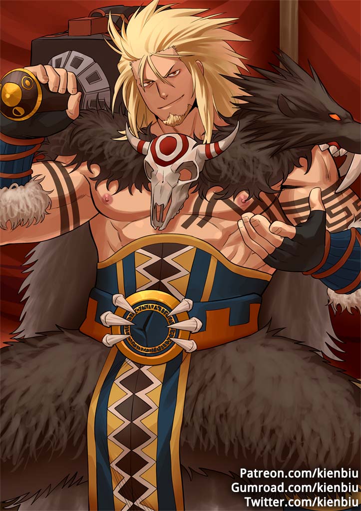1boy abs bara beard blonde_hair bwanga chest dungeon_and_fighter facial_hair holding kienbiu looking_at_viewer male_focus manly medium_hair muscle nipples over_shoulder pectorals red_eyes shirtless smile solo upper_body weapon weapon_over_shoulder