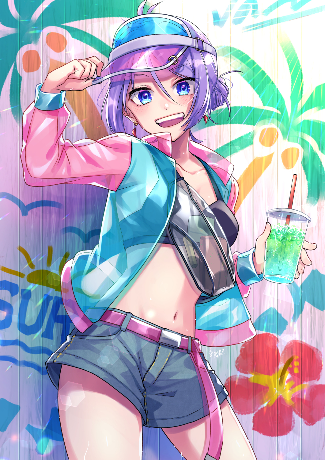 1girl :d adjusting_clothes adjusting_hat blue_eyes drink earrings fence floral_print hat highres holding holding_drink jacket jewelry kishinaito midriff navel open_mouth original palm_tree_print purple_hair short_shorts shorts smile solo sports_bra standing visor_cap wooden_fence