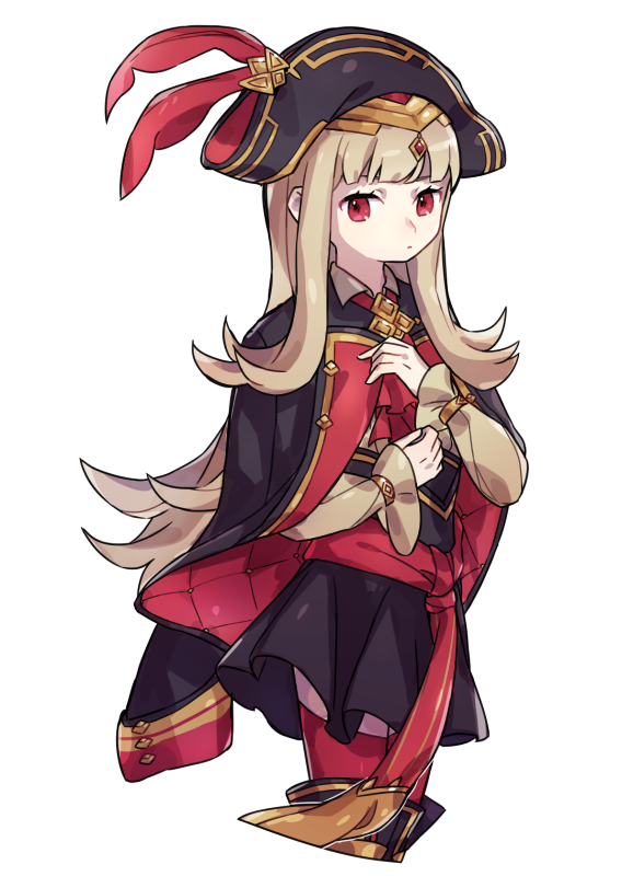 1girl closed_mouth fire_emblem fire_emblem_heroes grey_hair haconeri hat long_hair long_sleeves pirate_costume pirate_hat red_eyes red_legwear simple_background solo thigh-highs veronica_(fire_emblem) white_background