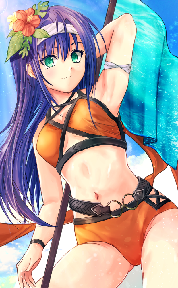 1girl arm_up bikini blue_hair closed_mouth fire_emblem fire_emblem:_radiant_dawn fire_emblem_heroes flower fuussu_(21-kazin) green_eyes hair_flower hair_ornament hairband holding long_hair mia_(fire_emblem) orange_bikini smile solo swimsuit white_hairband