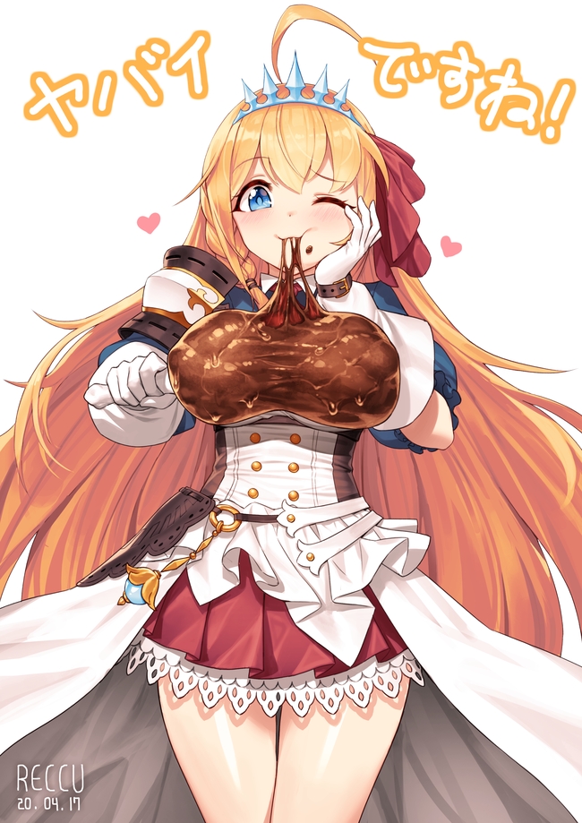 1girl ahoge bangs blonde_hair blue_eyes blush bone braid breasts commentary_request eating eyebrows_visible_through_hair eyelashes food gloves hair_between_eyes hair_ribbon hand_on_own_cheek heart holding holding_bone long_hair meat one_eye_closed orange_hair pecorine princess_connect! red_ribbon rekyu_(rcrcx2) ribbon smile solo thighs tiara translation_request very_long_hair white_background