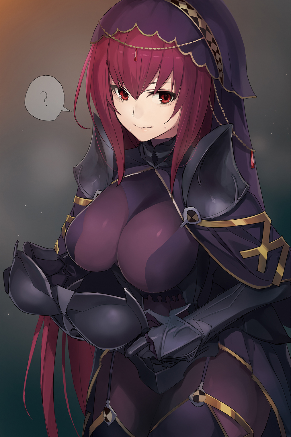 1girl ? armor bodysuit breastplate breasts closed_mouth cowboy_shot cropped fate/empire_of_dirt fate/grand_order fate_(series) garter_straps gauntlets highres impossible_bodysuit impossible_clothes large_breasts long_hair non-web_source pauldrons purple_hair red_eyes scathach_(fate)_(all) shoulder_armor sidelocks simple_background smile solo spoken_question_mark steaming_body sweat taishi_(picchiridou) thigh-highs veil very_long_hair