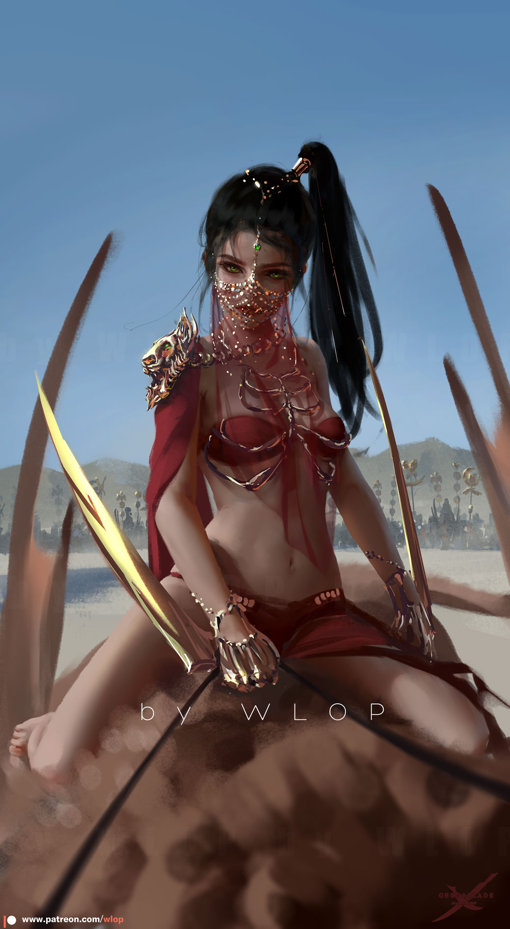 1girl arabian_clothes army artist_name bandeau black_hair chain ghostblade gold_chain green_eyes head_chain highres long_hair looking_at_viewer mouth_veil navel patreon_username ponytail princess_lylian red_lips riding solo_focus watermark web_address wlop