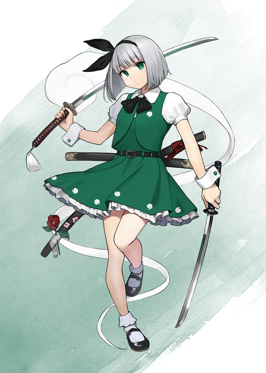 1girl belt black_bow bob_cut bow dress dual_wielding flower ghost_tail green_dress green_eyes hairband highres holding katana konpaku_youmu konpaku_youmu_(ghost) scabbard sheath shoes short_hair silver_hair sleeve_cuffs socks sword touhou two-tone_background weapon yomu_(sgt_epper)